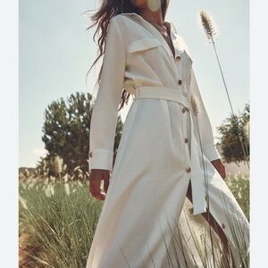 Zara Chic Cream Long Sleeve Dress with Gold Accents